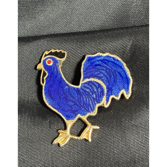 Vintage Blue Enamel Rooster Brooch Pin Gold Tone Rooster Brooch Jewelry 1 1/4" - Picture 1 of 8